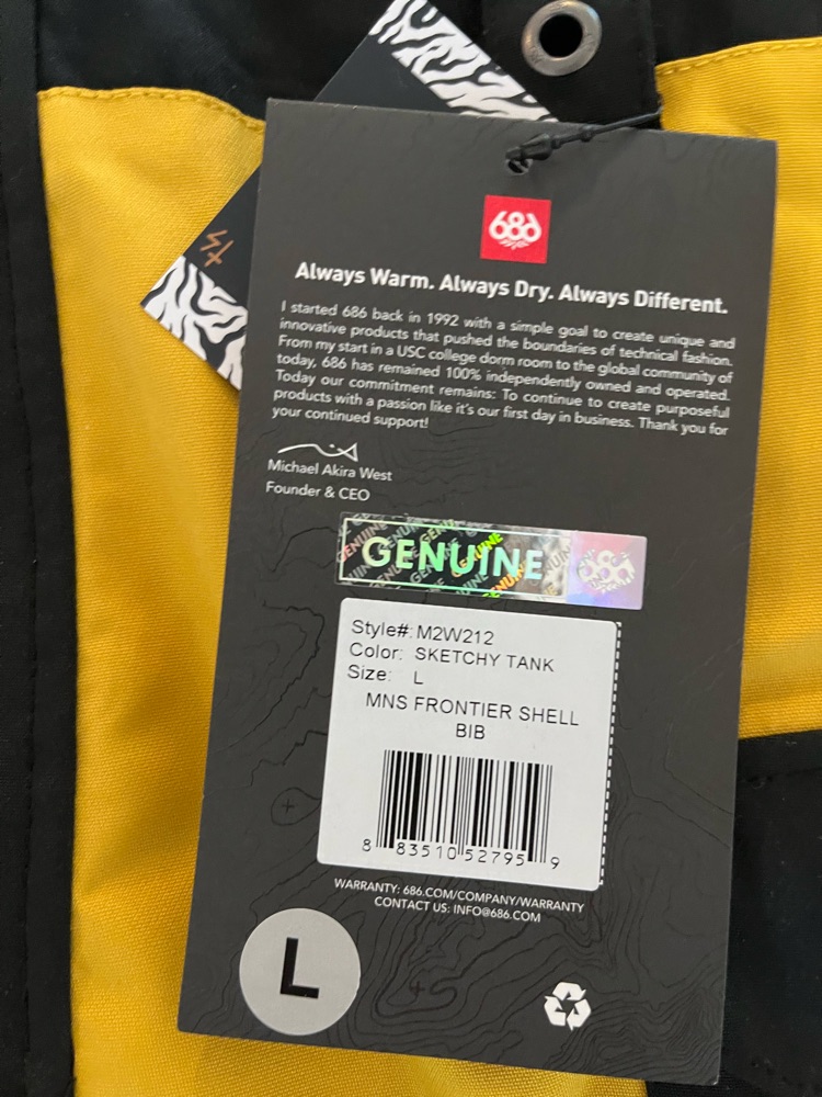 686 x Sketchy Tank FRONTIER SHELL BIB SNOWBOARD PANTS Brand Znew